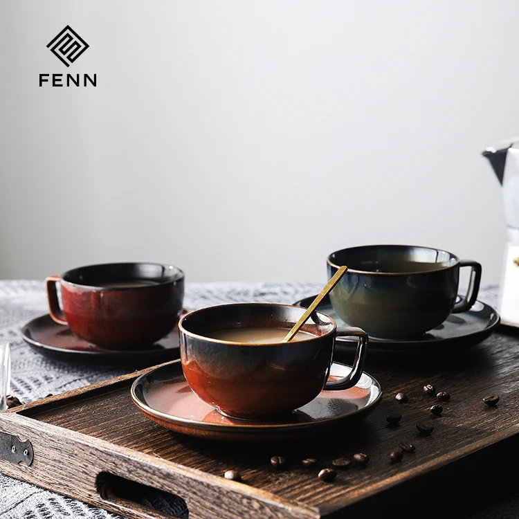 FENN High Quality And Nice Design Green Ceramic Home Coffee Cups Set 250ml Mugs Vintage Style Coffee Cup and Saucer for Gift