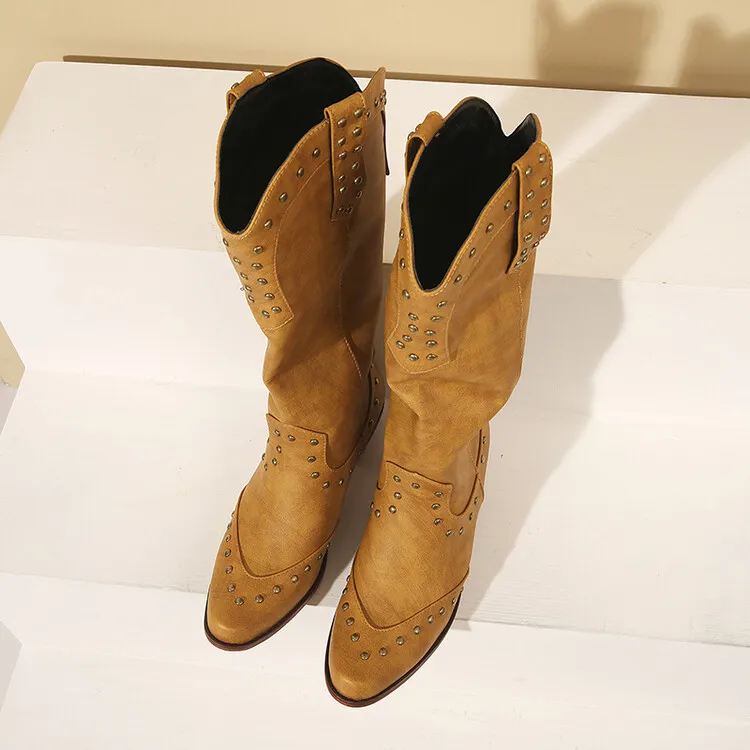 Women Low Heel Studs Design Outdoor Knee High Boots Cowgirl Large Wide Size Vintage Women Suede Western Cowboy Boots - Image 4