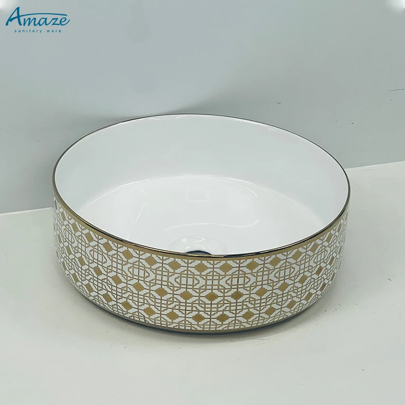 Good quality washroom wc sanitary ware white gold plating pattern ceramic lavabo counter top wash basin sink manufacture