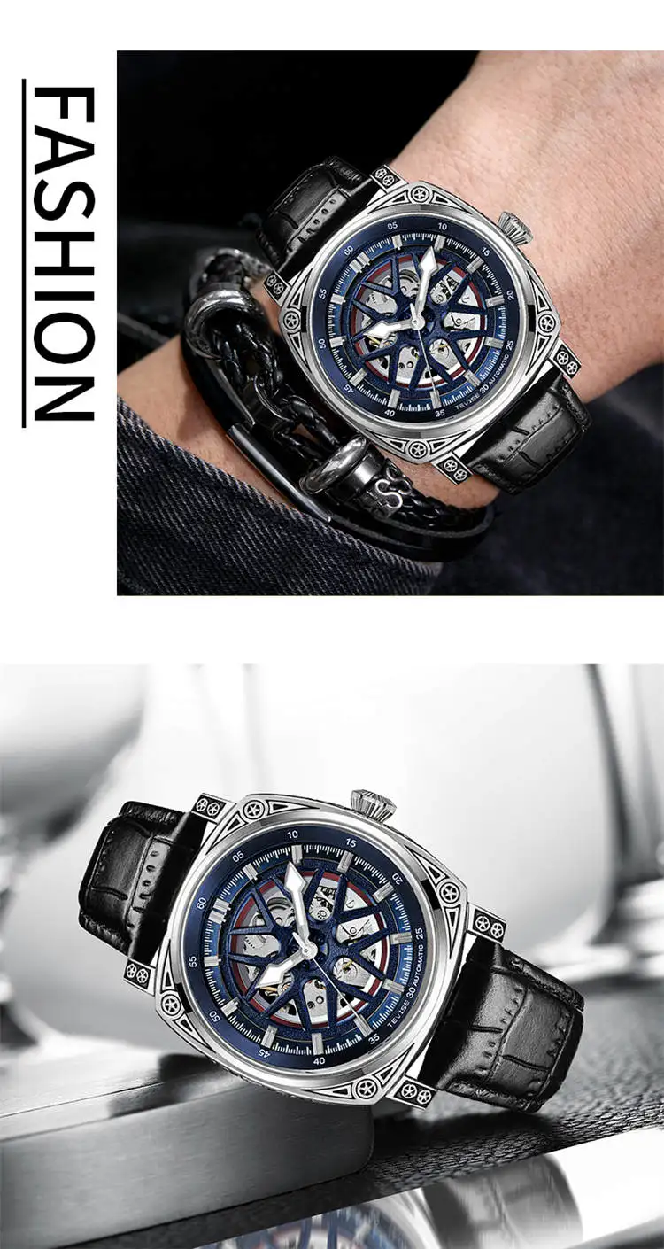 TEVISE  894G Special OEM Men Mechanical Watch ECO Genuine Leather Strap Automatic Hollow Out Luminous Business Watch Company