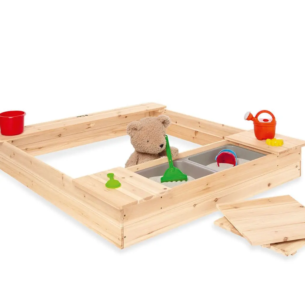 Large Unisex Wooden Waterproof Cover Kids Sandpit Benches and Two Storage Buckets Sandbox  for Indoor and Outdoor Use