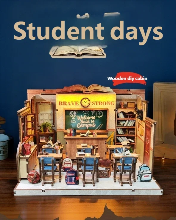 product diy wooden dollhouse miniature kit   student book nook  kids doll house with wooden architecture for creative building-3
