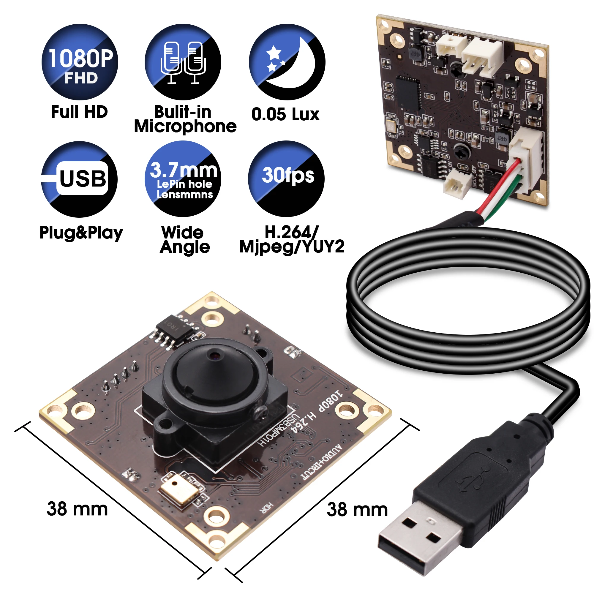 ELP Tiny Pinhole Camera Module HD Driverless 3MP 2MP 30fps H264 WDR Audio  USB Mini Security Camera UVC for Linux Android Windows
