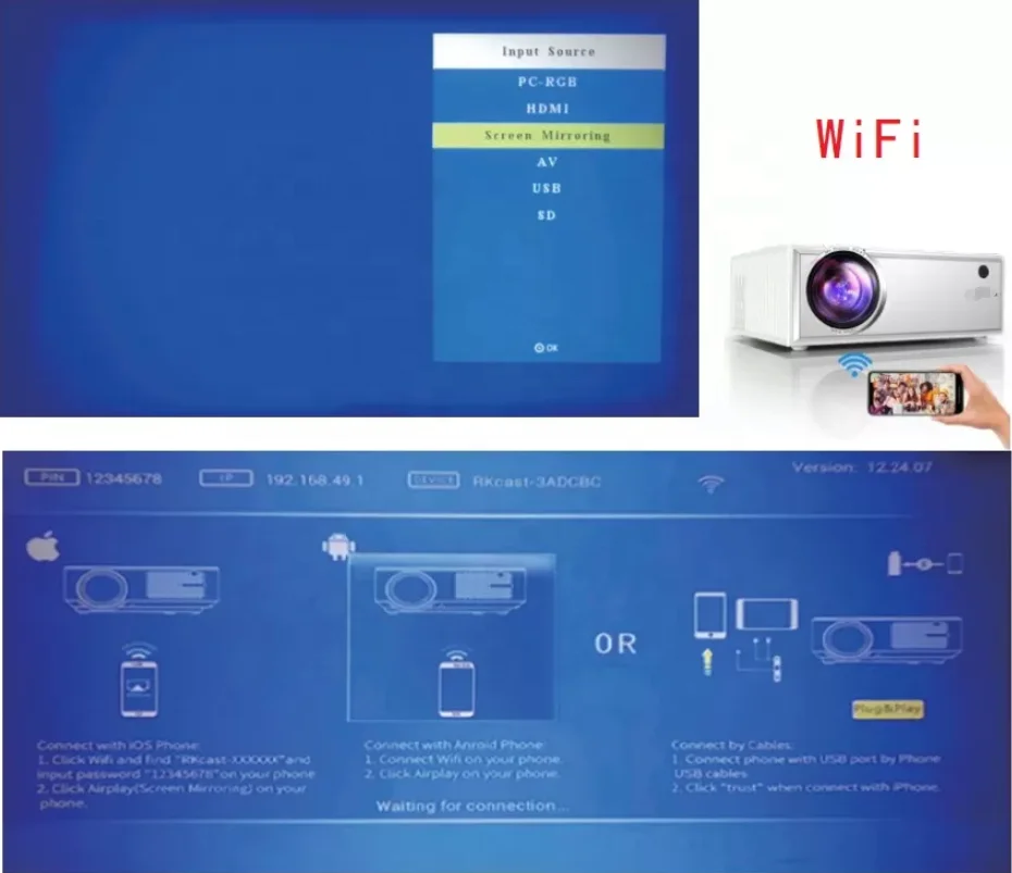 Factory C8 Wireless WiFi Same Screen 1280x720P Smart Portable LED Movie Home Theater Video Mini Projector