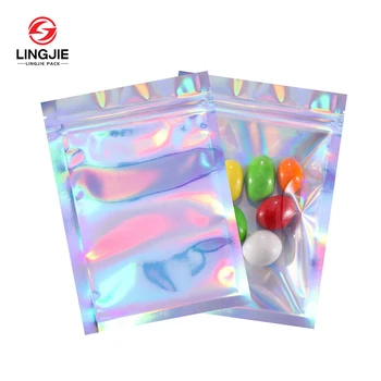 Lingjie Heat Seal Food Grade Silver Al Laser Ziplock Bag Aluminum Foil Pouch 3 Side Seal Ziplock Mylar Bags