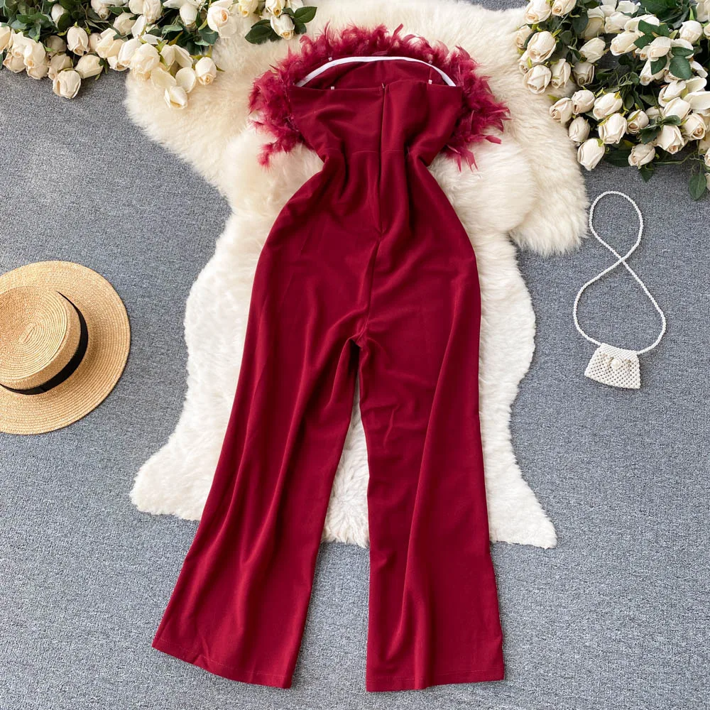 Luxury Feather Tassel Tube Top Jumpsuit Women High Waist Slimming