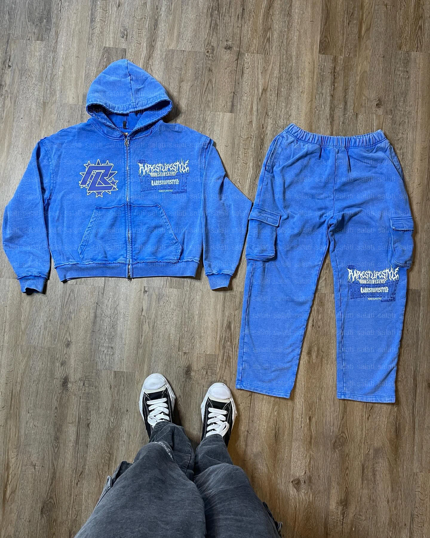 Custom Distressed Vintage Sweatsuit Acid Wash Sweat Suit Zip up Print Jogging Suit Tracksuit Cargo Sweatpants and Hoodie Set Men gallery 2