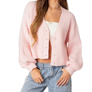 Custom High Quality Spring Autumn Long Sleeve Women's Sweater Cardigan V-neck Knitted Thick Short V-neck  Cardigan