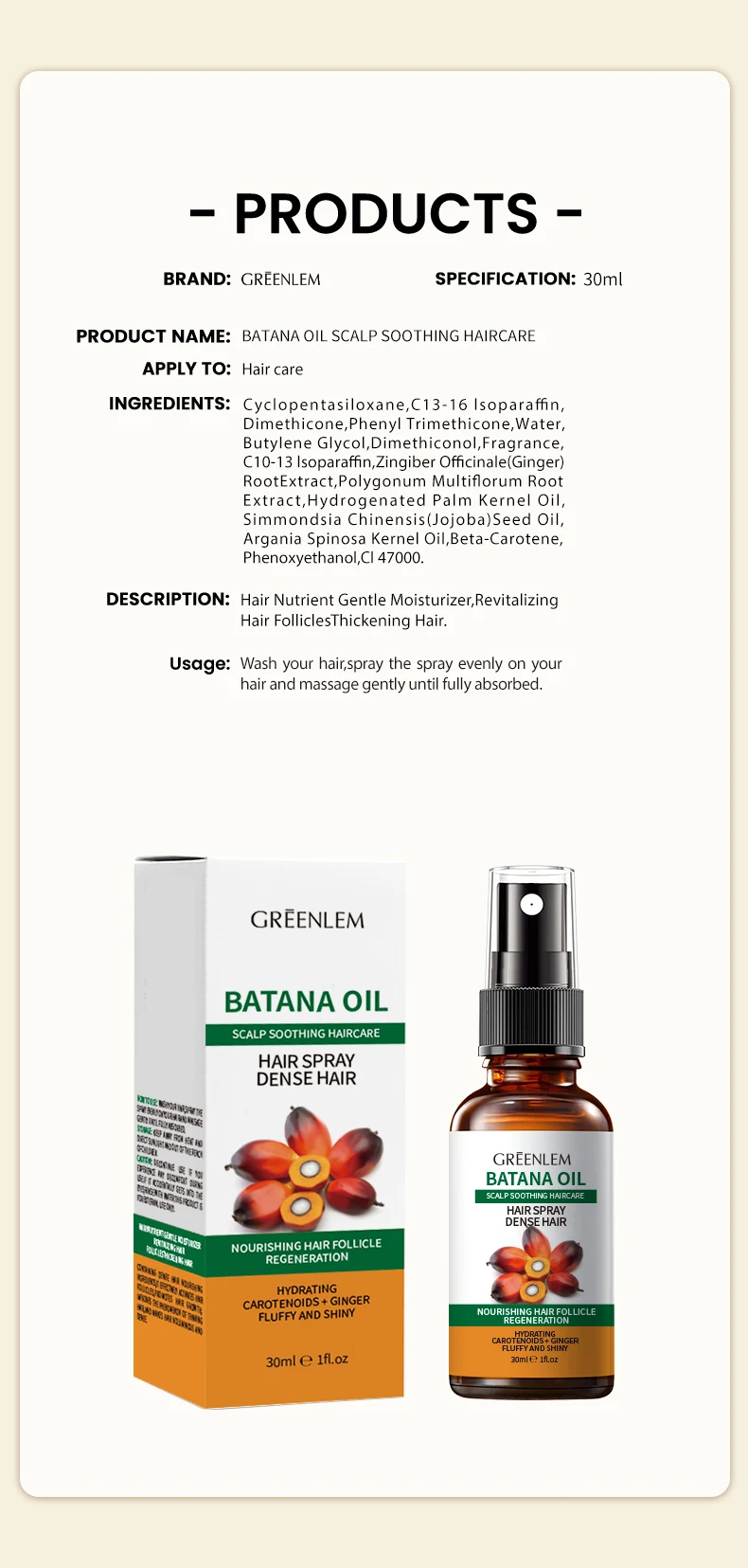 Batana Hair Spray Nourishing Repairing Scalp Treatment Anti-Dandruff Detangle Frizz Control Heat Protection Dry Damaged Hair(pic4)