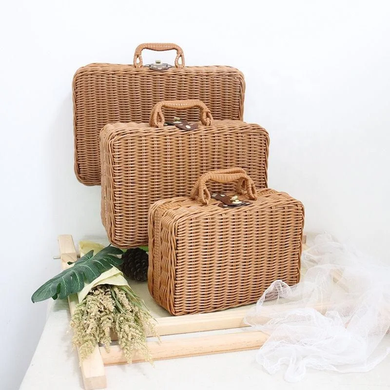 Vintage Weaved Picnic Basket Stackable Soft Rectangular Woven Storage Plastic Rattan Suitcase with Lid