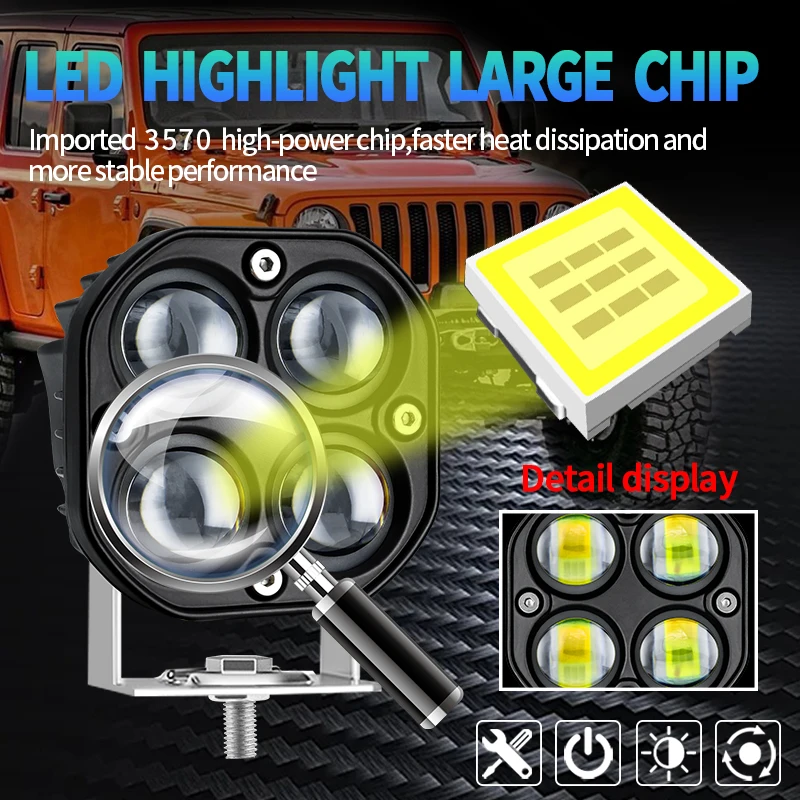 3 Inch Mini Led Work Light Square 40W Car Yellow White Dual Color Spotlight 12V 24V Fog Lamp for Lada Truck 4X4 4WD Car