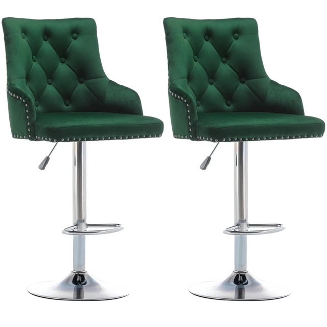 Green Bar Height Modern Bar Stools Set of 2 Tufted Curved Back