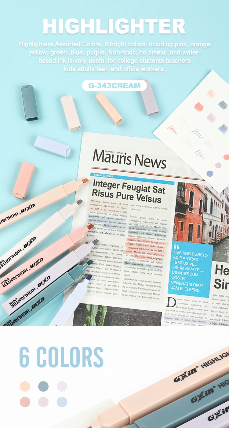 Gxin G343 6pcs/set Cream Cloro Highlighter Marker Pens Set Water Based