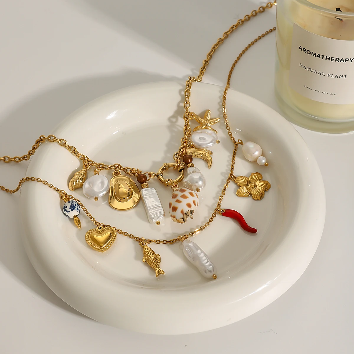 J&D Summer Ocean Style 18K Gold Stainless Steel DIY Shell Ceramic Coral Starfish Pearl Charms Necklaces