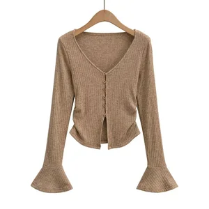 Tailored Casual Suit Knitted Cardigan V-neck Slim-fit Short Women's Top Flared Trousers Casual Pants Suit