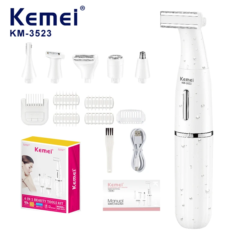 Ensemble d’appareil électrique de soins personnels pour le visage KEMEI KM-3523 6-en-1 : épilateur, rasoir pour barbe, coupe-poils nasal lavable, rasoir pour sourcils féminin, avec accessoires