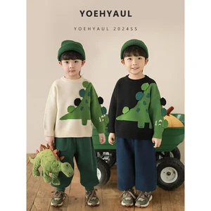 YOEHYAUL N5559 2026 Winter Long Round Neck Thick Lazy Boys Top Color Contrasting Dinosaur Popular Kids Sweater