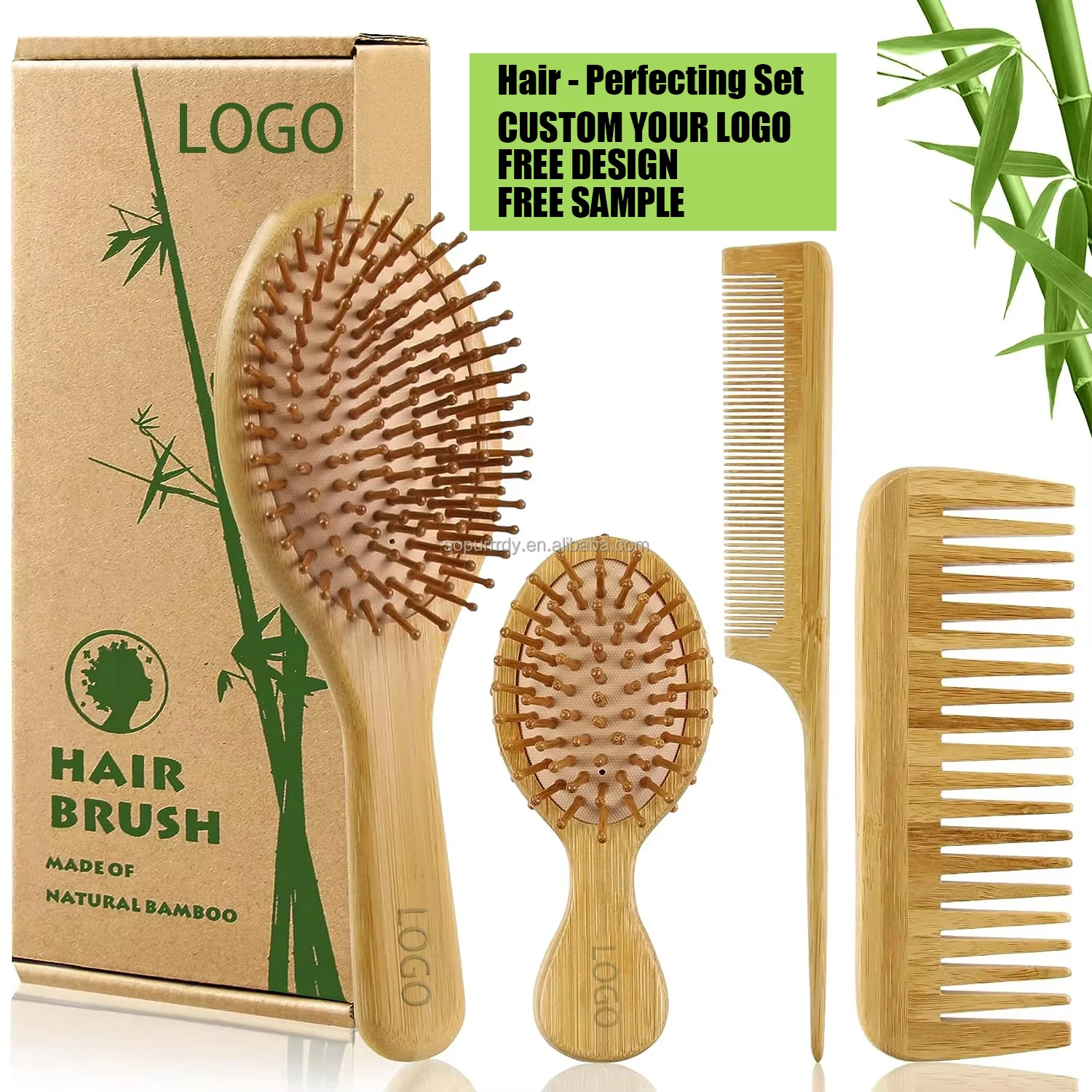Wide Tooth Scalp Natural Custom Logo Bamboo Wood Bristle Round Detangler Hair Brush Self-Cleaning Massage Hairbrush and Comb Set