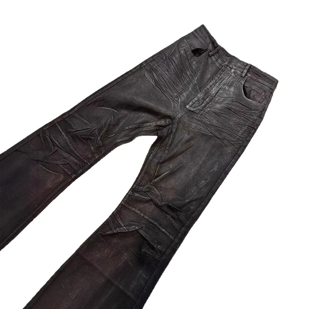 American High Street Vibe Style Niche Handmade Washed Denim Brushed Wax Coating Slim Flared Stretchy Straight Trousers Men