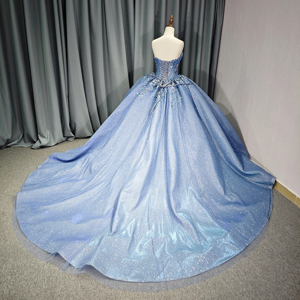 Wholesale Blue Quinceanera Dresses weetheart Beading Lace Puffy Princess Bridal Gown Evening Dress,1 Piece