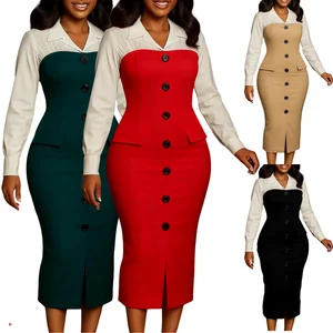 D600 Clothing-manufacturers Autumn Career Dresses Women Long Sleeve Suit Collar Contrast Color Pencil Office Lady Dress