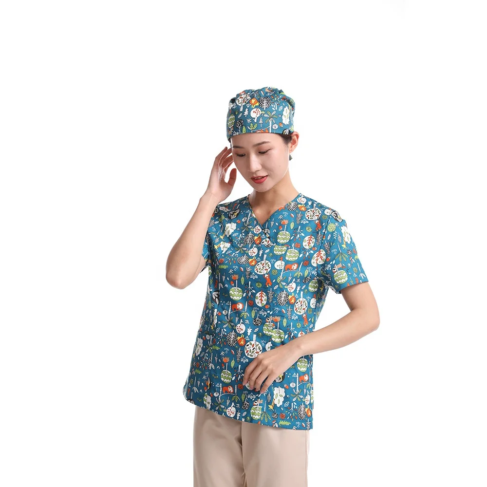 100% Cotton Tree Animal Printing Women Scrub Doctor Nurse Hospital Uniform Scrub Sets Fashionable Medical Uniform Doctor Uniform