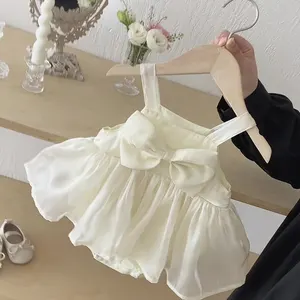 Summer 3D Mesh Bow Strap Dresses Romper Princess Casual Birthday Outfit for Baby Girls with Button Closure Eco-Friendly