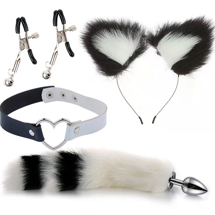 Metal Butt Plug 4 In 1 Fur Set Skin Friendly Smooth Touch Anal Plug Fox Tail Breast Clip Hairpin Couple Cosplay Multi-color_voghion.com