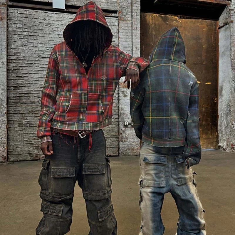 Wholesale Heavyweight Oversized Hoodies Knit Boxy Cropped Vintage Washed Hoodie Sun Faded Zip up Plaid Hoodie gallery 4