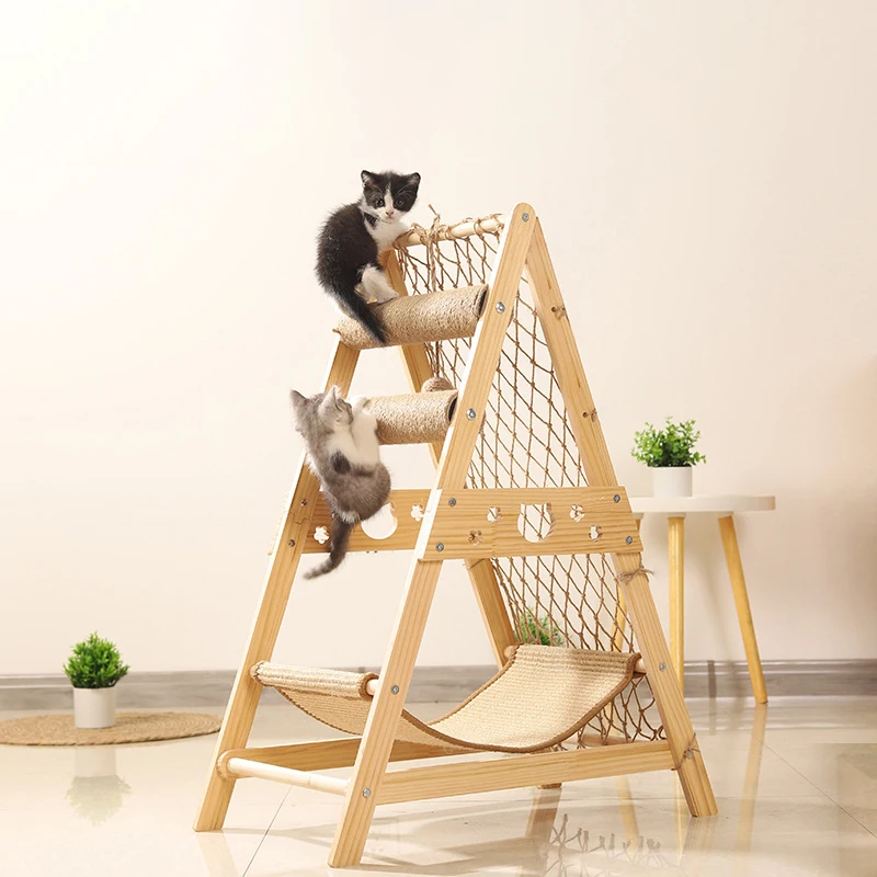 Wooden Cat Tree Tower Foldable Ladder Design with Cat Hammock Sisal Scratch Post Toys Solid Wood Cat Climbing Frame