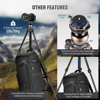 NEEWER LITETRIP LT35 61" Travel Tripod Carbon Fiber 2 in 1 Phone Clamp Hand Grip detail image