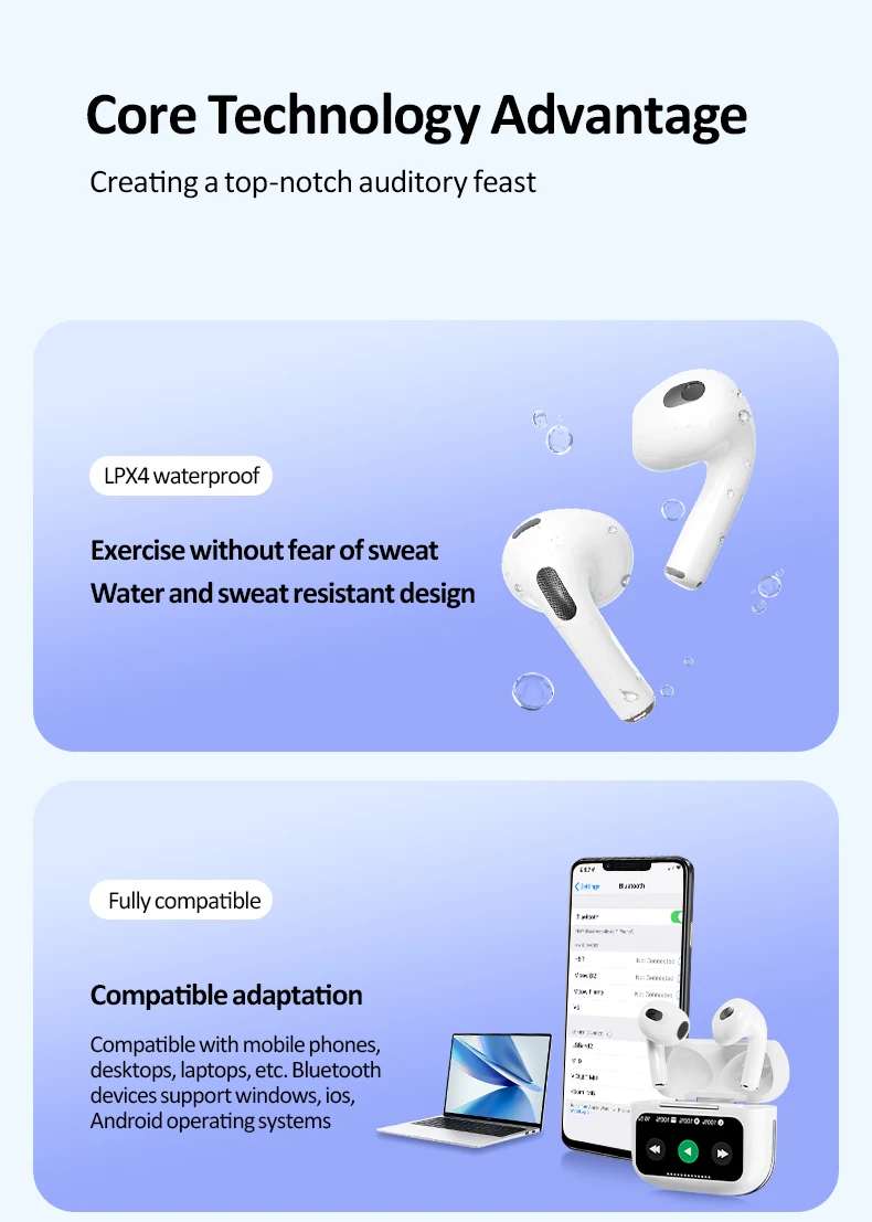 A9 Pro Earbuds Wireless Earphones ANC ENC TWS Earbuds with LCD Smart Touch Screen Waterproof T12 In-Ear Headphones for Gaming