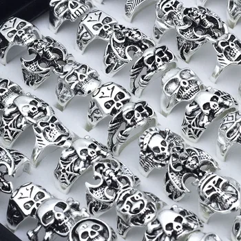 100Pcs/lot Wholesale Mixed Skull Rings for Women Men Wholesale Rings Bulk Lot Punk Skeleton Gothic Metal Rings Style Jewelry