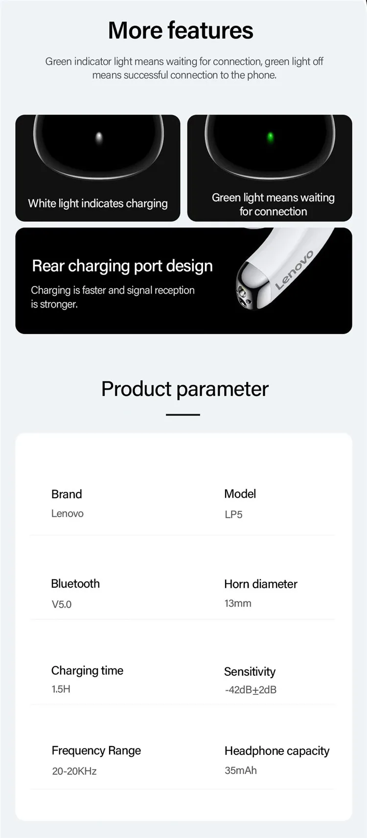 2022 New 100% Original Wireless HiFi Music Earphone With Mic Headphones Sports Waterproof Headset Earbuds Lenovo LP5