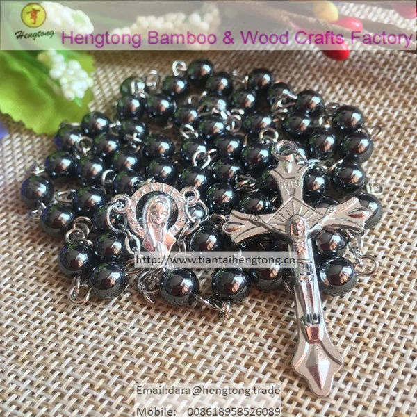 6mm Religious Hematite Rosary Catholic Chain Necklace with Zinc Alloy Jesus Pendant