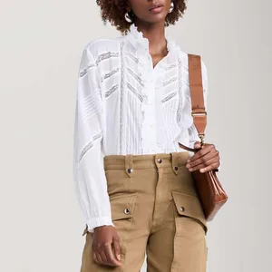 Clothing Manufacturers Custom Spring Summer Autumn Casual Lace Loose Ruffled Stand Collar Shirt Blouse Tops