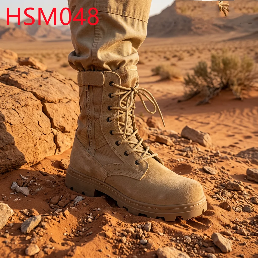 HY,Forest Hiking Stitching Vulcanized Rubber Sole Combat Boots Rip Proof Natural Suede Leather Hua Singh Tactical Boots HSM048