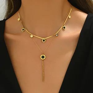 Fashion Electroplated Stainless Steel Roman Niche Clavicle Chain Black White Shell Flat Snake Chain Sporty Necklace