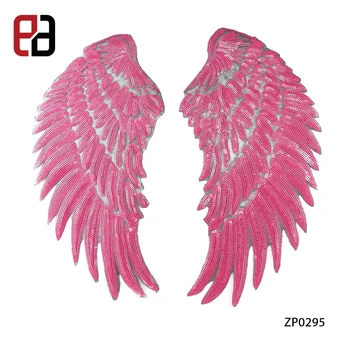 Black Mesh Base Pink Sequin Feather Angel Wings Sew On Patches 38CM For Dress