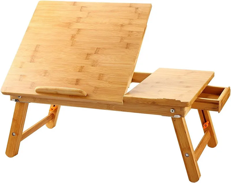 Modern Bamboo Laptop Desk Bed Tray with Adjustable Foldable Design Lacquer Finish Single Tier Storage for Living Room Use