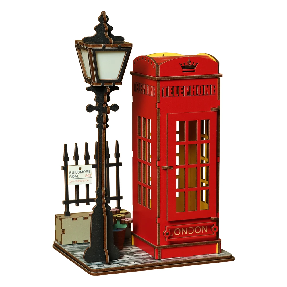 London Street Telephone Booth 3D Wooden Puzzle, Realistic British Landmark Wood Puzzle 3D Model Kit
