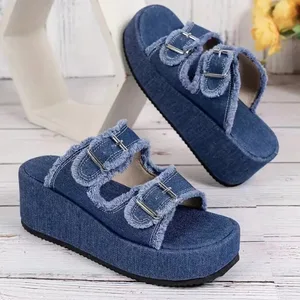 Foreign Trade 2026 New Large Size Wedge Heel Denim Belt Buckle Slip-on Sandals Women's Summer Outdoor Wear PU Upper Foam Outsole