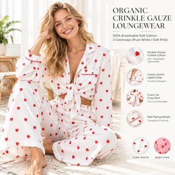 Women's Cotton Pajama Set Heart Print Breathable Long Sleeve Shirt Full Length Pants Turn-Down Collar Spring Sleepwear
