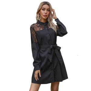 Night Sexy Dresses Spring Monki Satin Black Lace See Through Tunic Shirt Dress