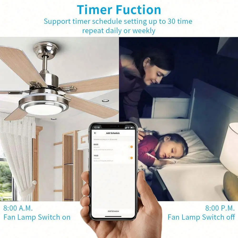 Tuya Smart Life APP Control US Standard  WiFi Wireless Smart Ceiling Fan Light Lamp Switch Compatible with Alexa and Google Home