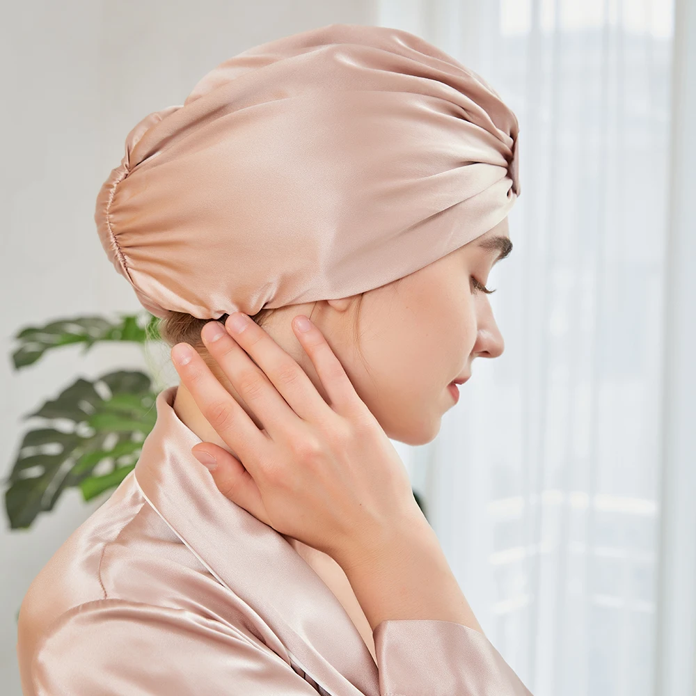 Custom logo Double Sided Layer Silk Head Wrap Sleep Hair Bonnet Cap Heavy Silk Turban 22mm Sample Silk Lined Bonnets