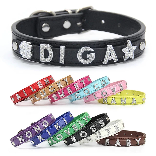 Amaz Best-selling High Quality Dog Diamond Collar DIY Letter Decoration PU Leather Collar Pet Dog Collar Accessories