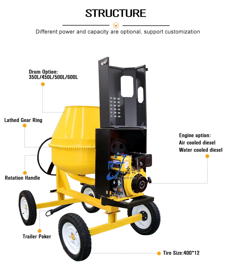 Portable 350l Capacity One Bagger Concrete Mixer With Diesel Engine In