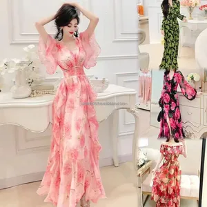 Women's Boho Beach Floral Printed Eco-Friendly Maxi Dress Elegant Ball Gown with RIBBONS Pleat for Spring Casual Summer Parties