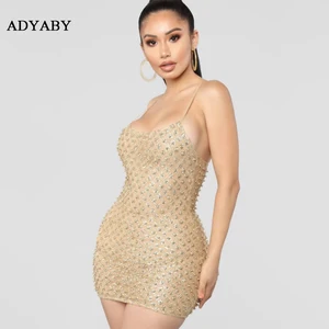 Fashion Spaghetti Strap Beaded Bodycon Dress Sexy Club Women's Party Wear Slim Fit Sleeveless Mini Evening Dress